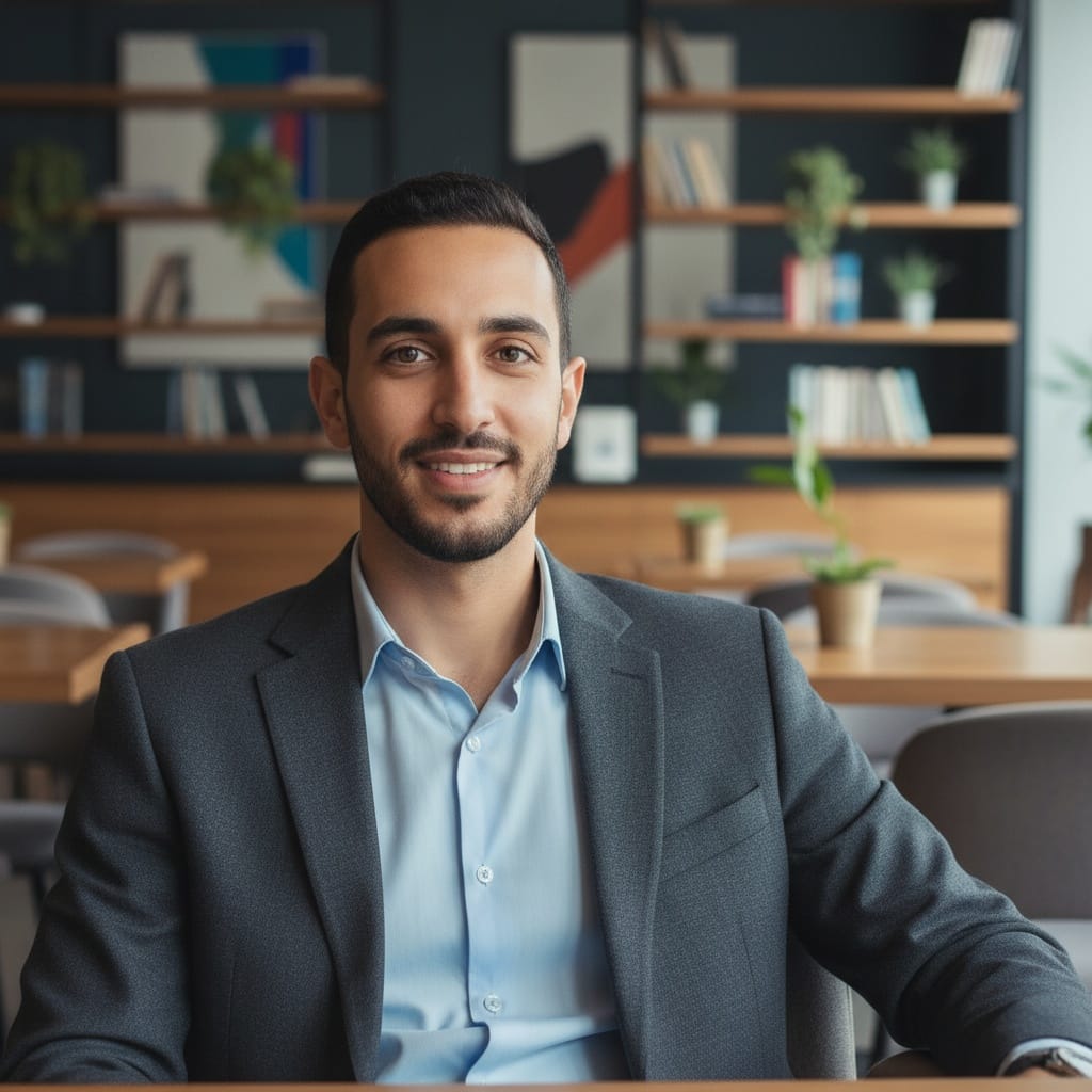 slim middle_eastern man coffee shop casual professional 85524326