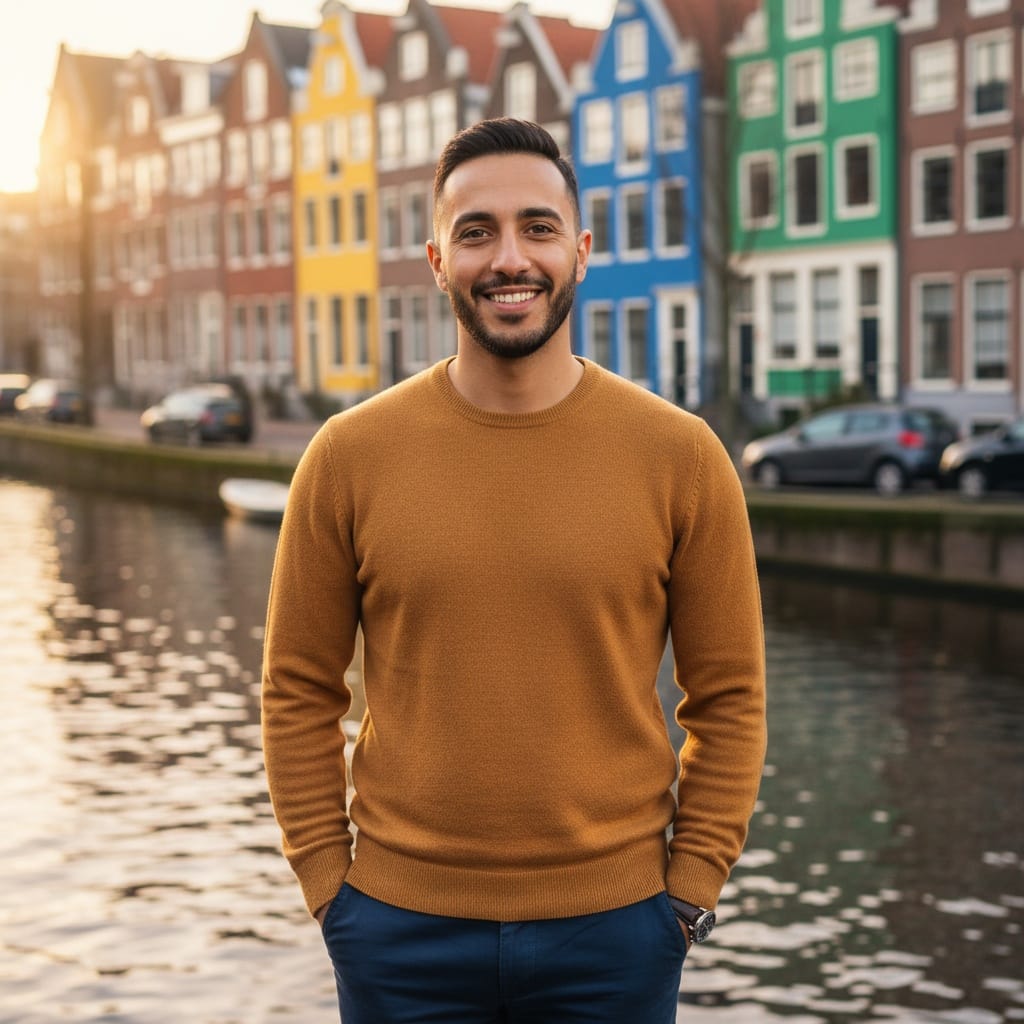 slim middle_eastern man colorful canal houses backdrop 80228204