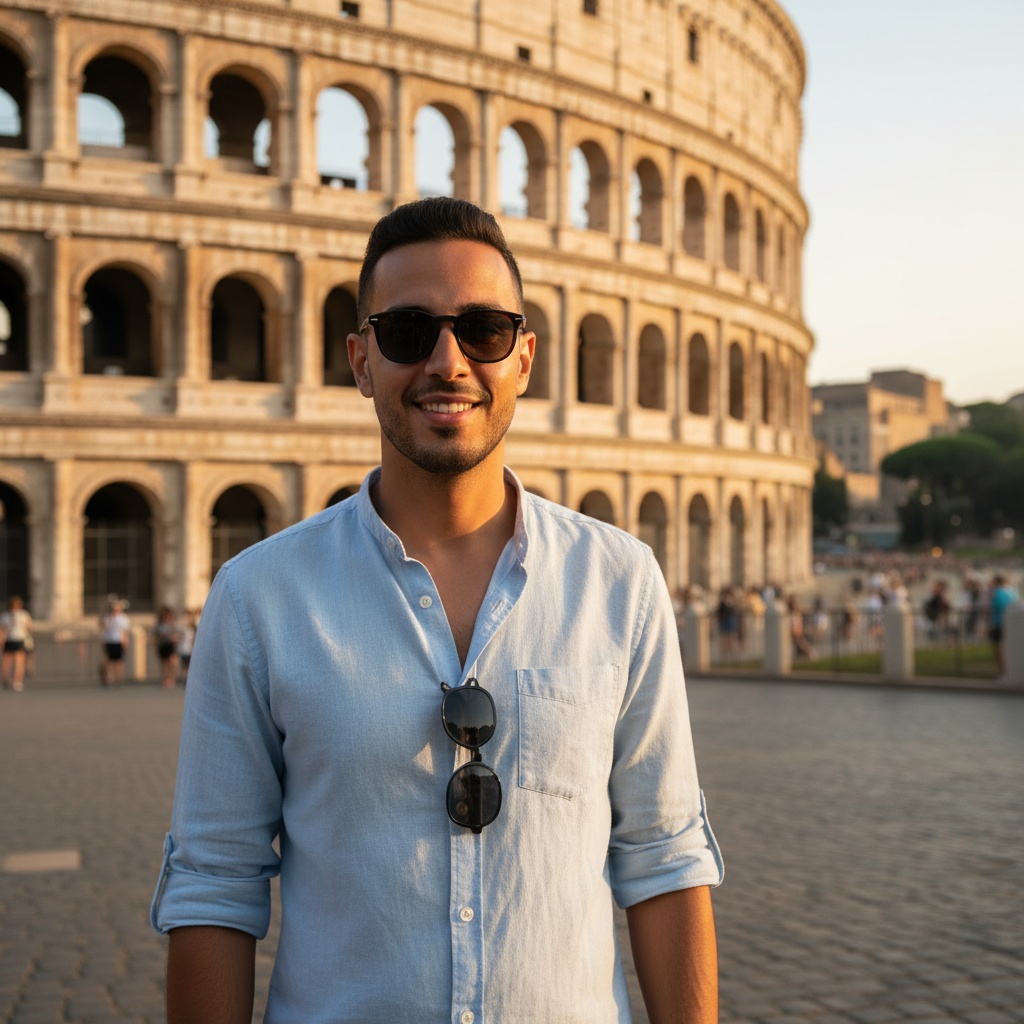 slim middle_eastern man colosseum golden hour portrait 88890258