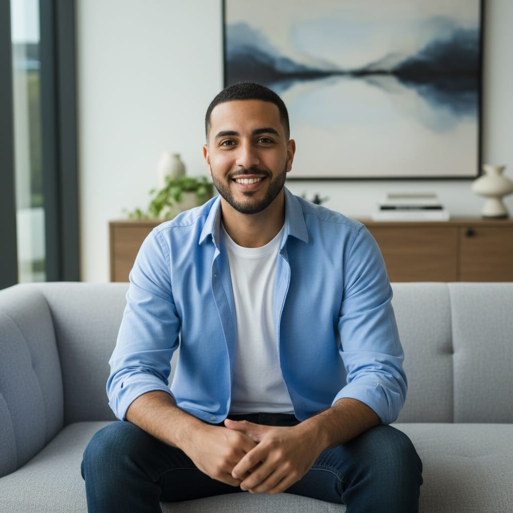 slim middle_eastern man home interior authentic candid 14226293