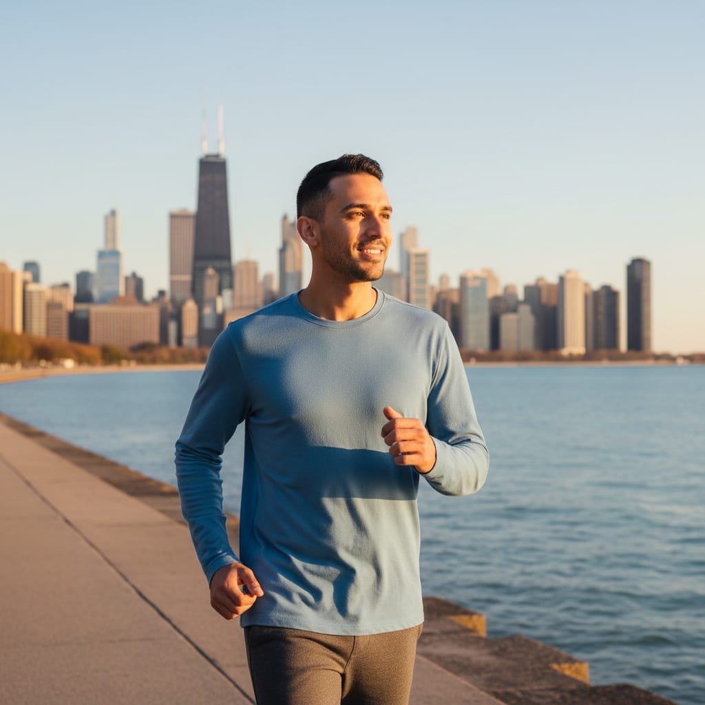 slim middle_eastern man lakefront trail skyline panorama 99211799