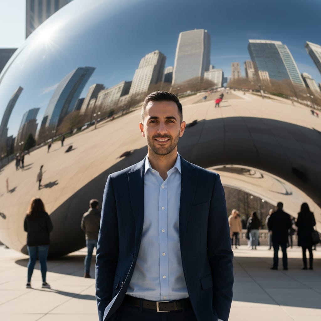 slim middle_eastern man millennium park bean sculpture 24341424