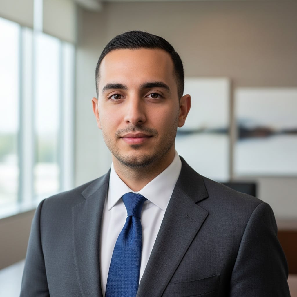 slim middle_eastern man modern office neutral background 95426545