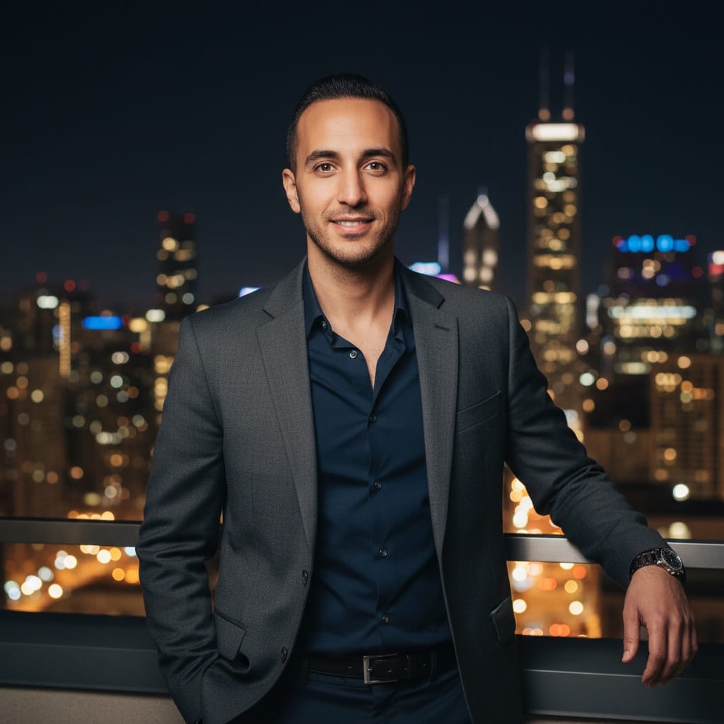 slim middle_eastern man night skyline illuminated backdrop 19498637