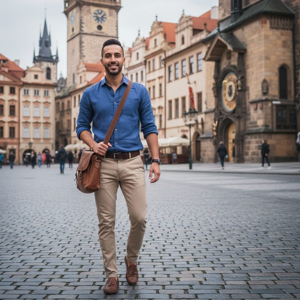 slim middle_eastern man old town square cobblestones 38299008