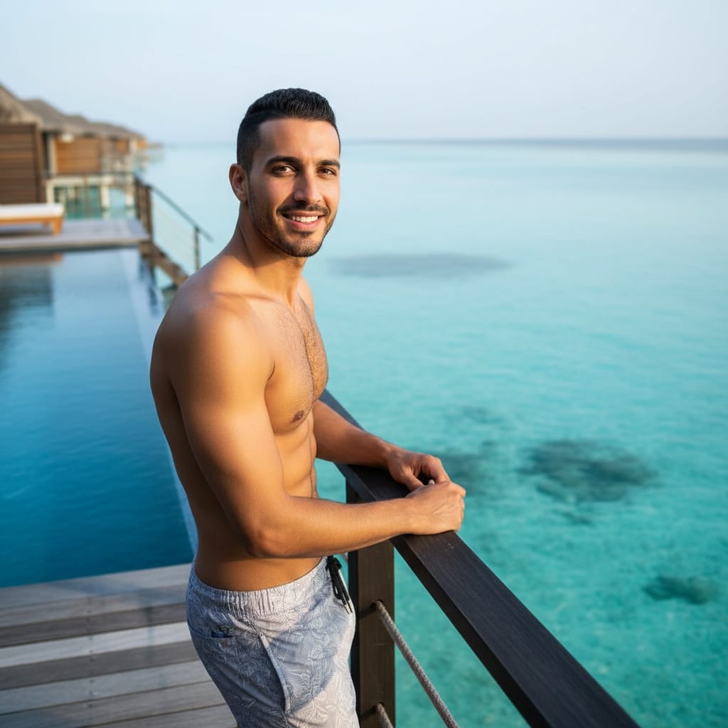 slim middle_eastern man private island resort overwater 63511958