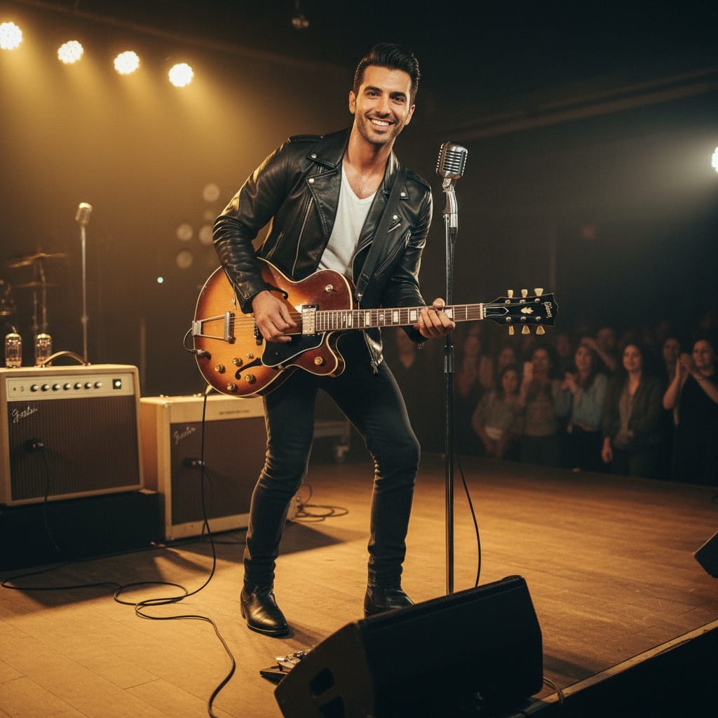 slim middle_eastern man rockabilly stage performance 71250418