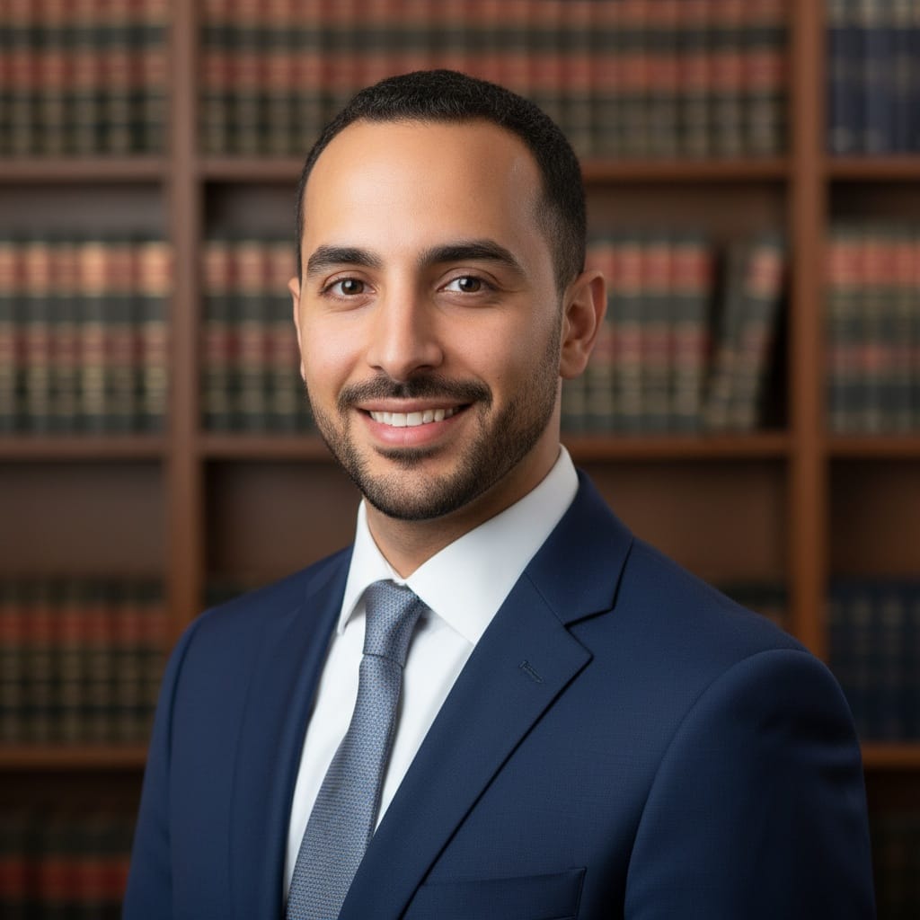 slim middle_eastern man traditional law library background 13490970