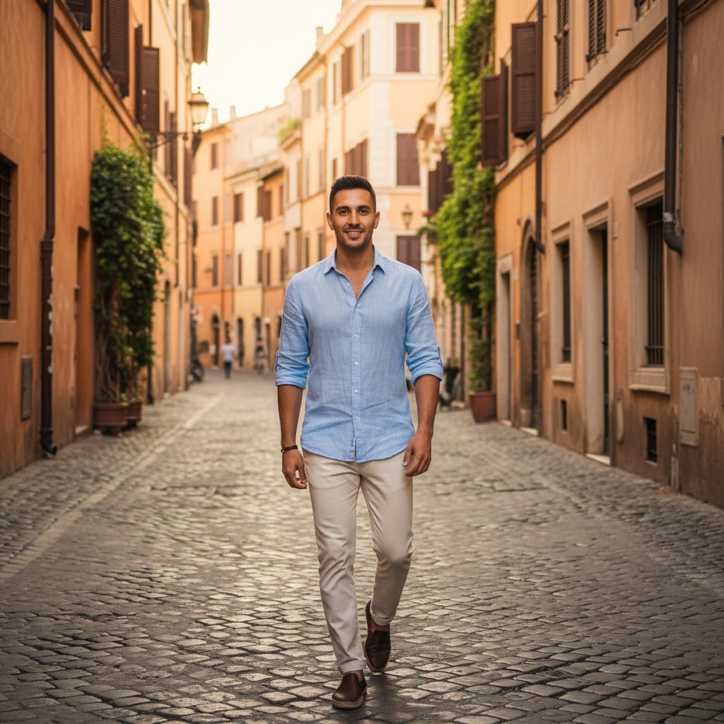 slim middle_eastern man trastevere cobblestone street 81166549