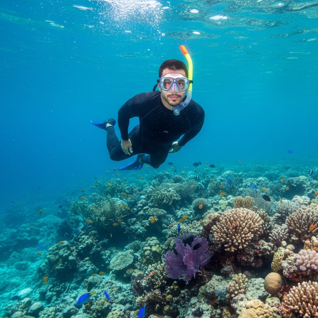 slim middle_eastern man underwater snorkeling crystal waters 71131196