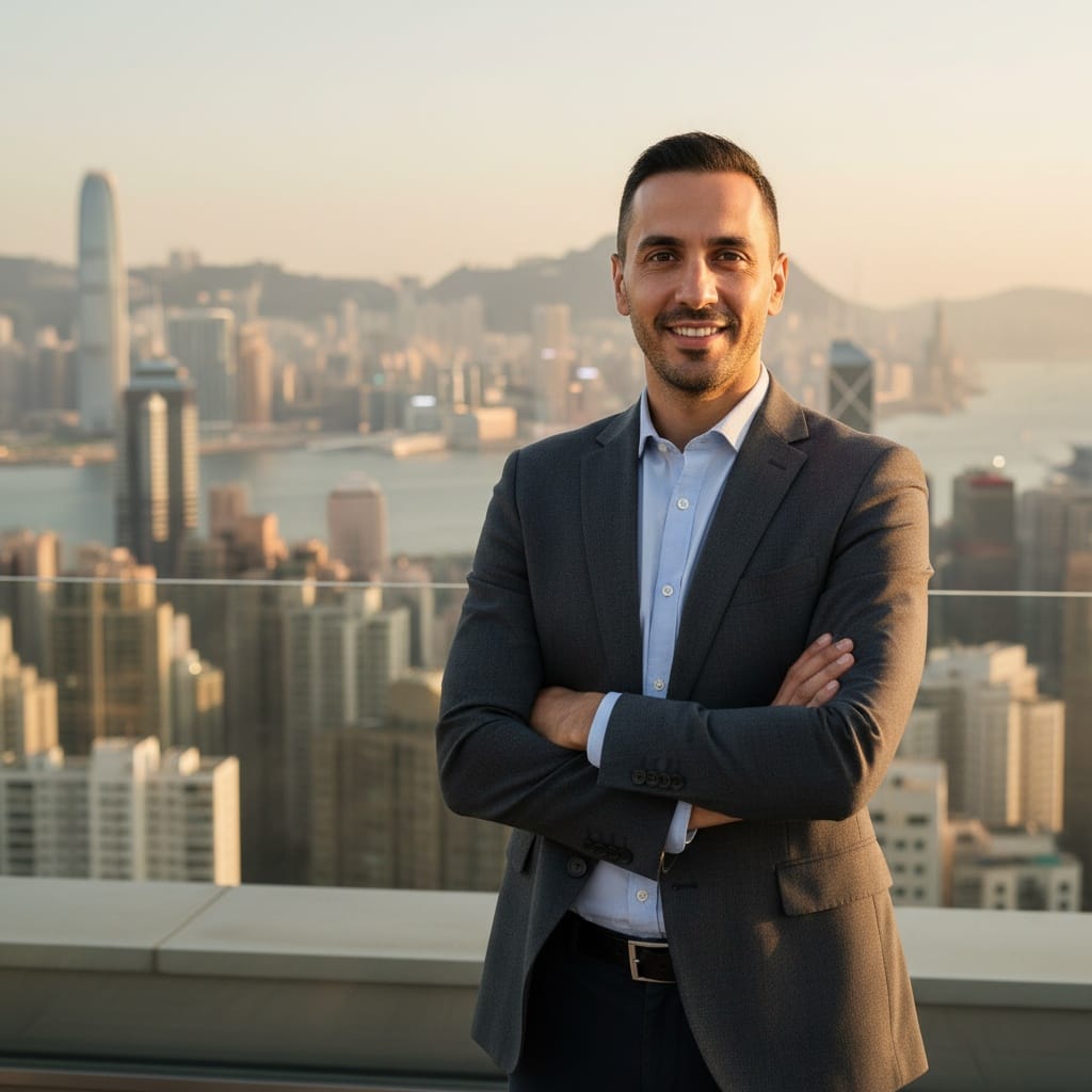 slim middle_eastern man victoria harbour rooftop portrait 23594829