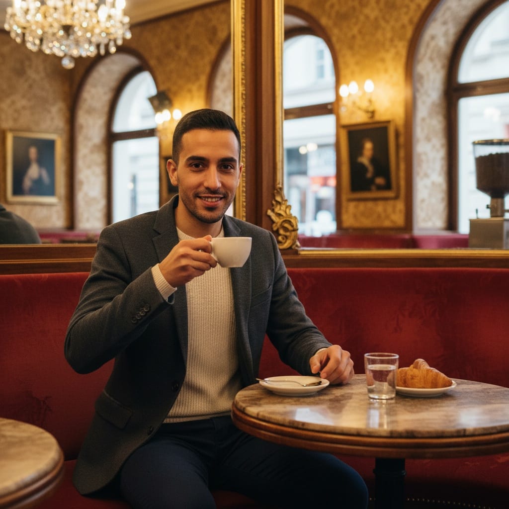 slim middle_eastern man vienna coffee house interior 83097729