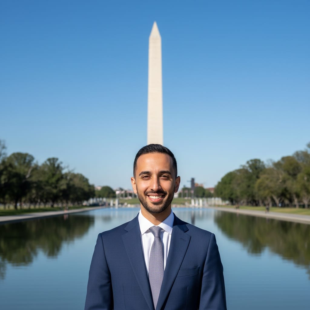 slim middle_eastern man washington monument reflection 89668877