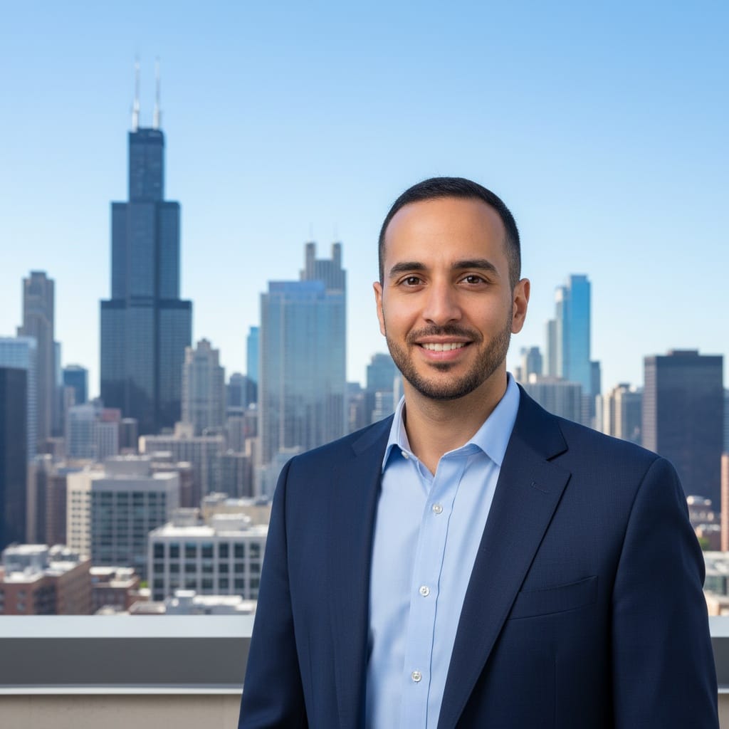 slim middle_eastern man willis tower skyline lookout 97183044