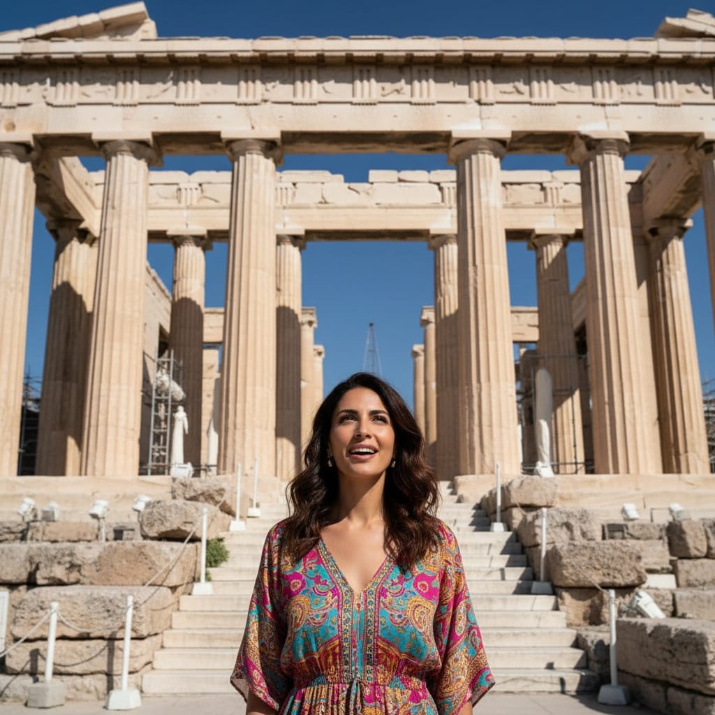 slim middle_eastern woman acropolis entrance propylaea 89597663