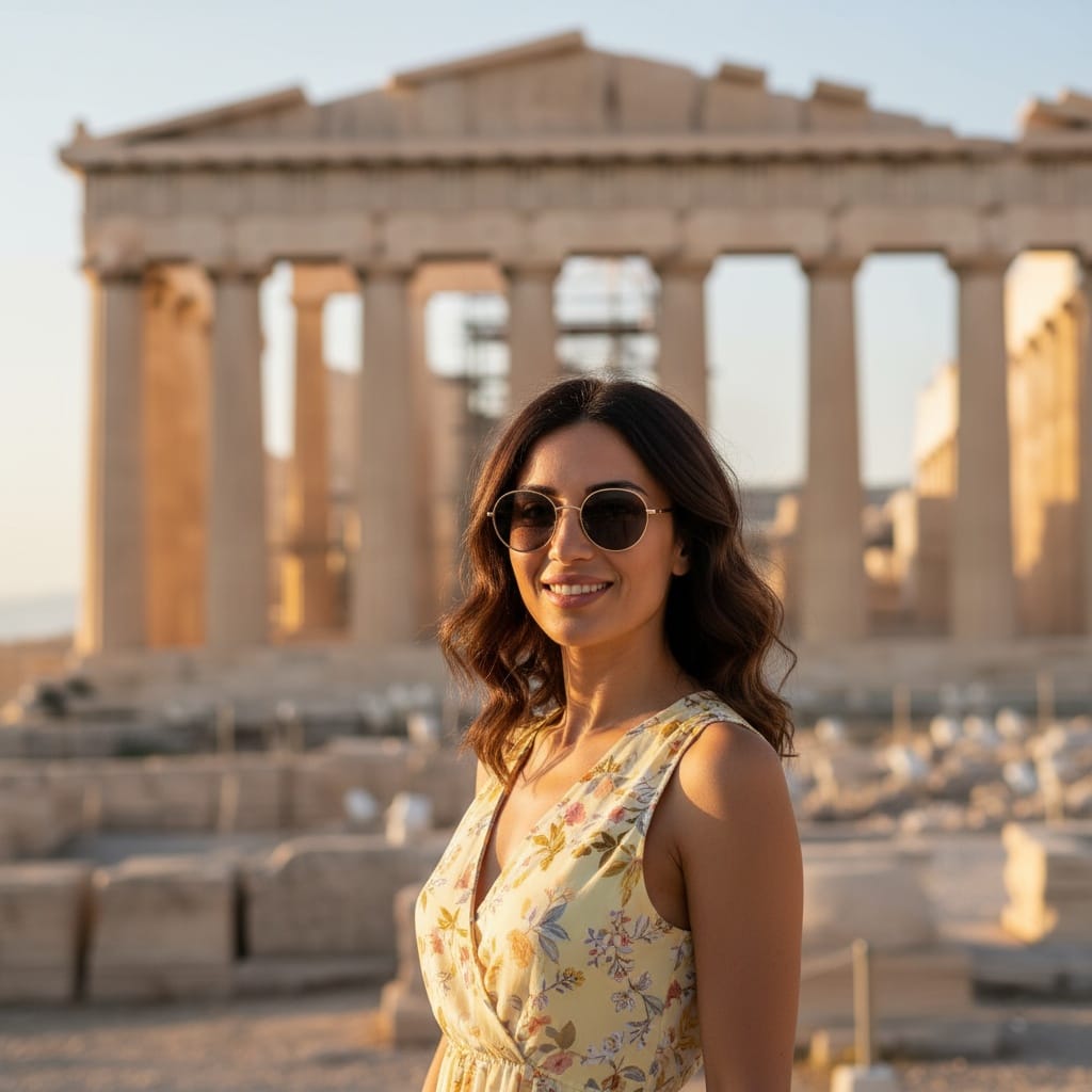 slim middle_eastern woman acropolis parthenon golden hour 67020205