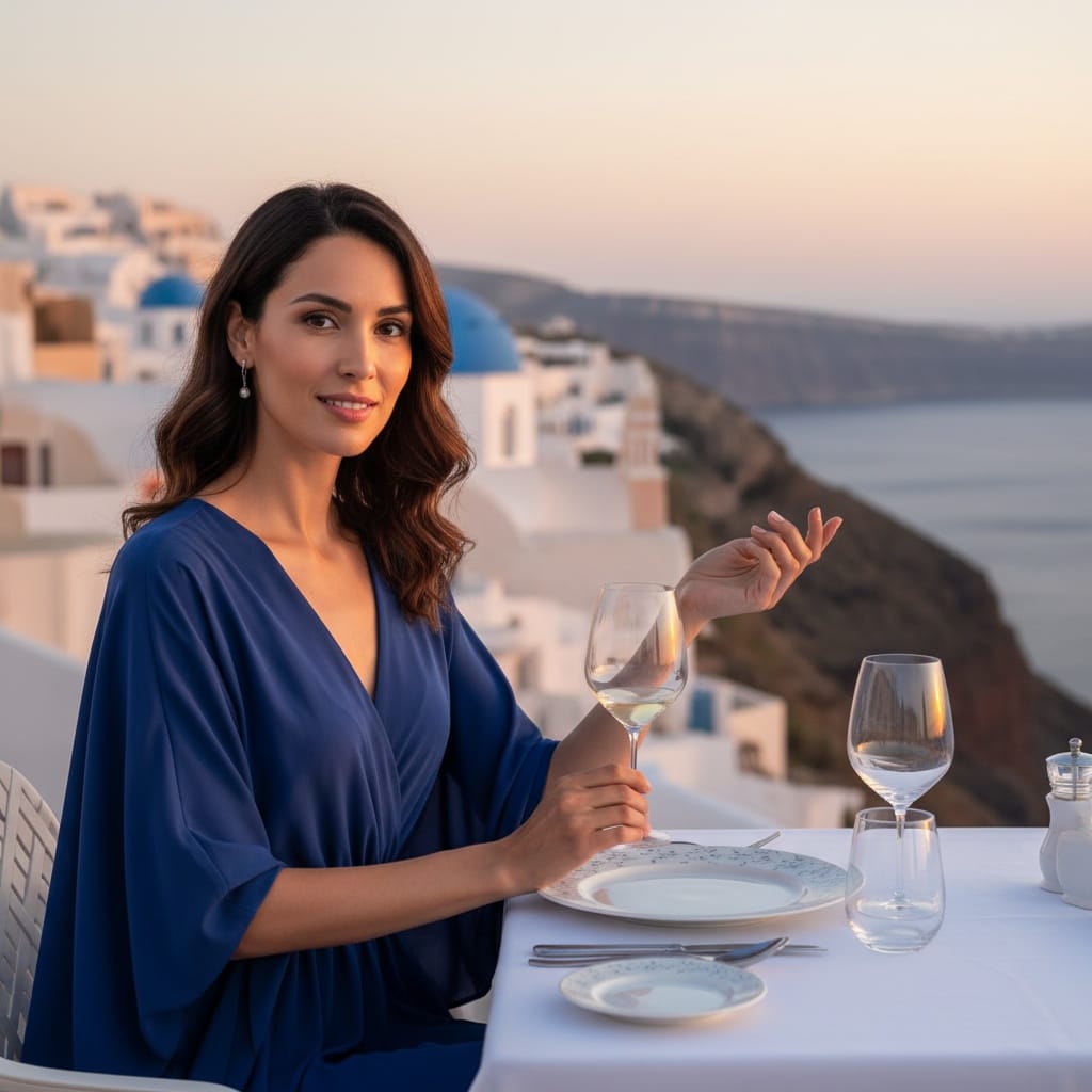 slim middle_eastern woman cliffside restaurant dining 22288031