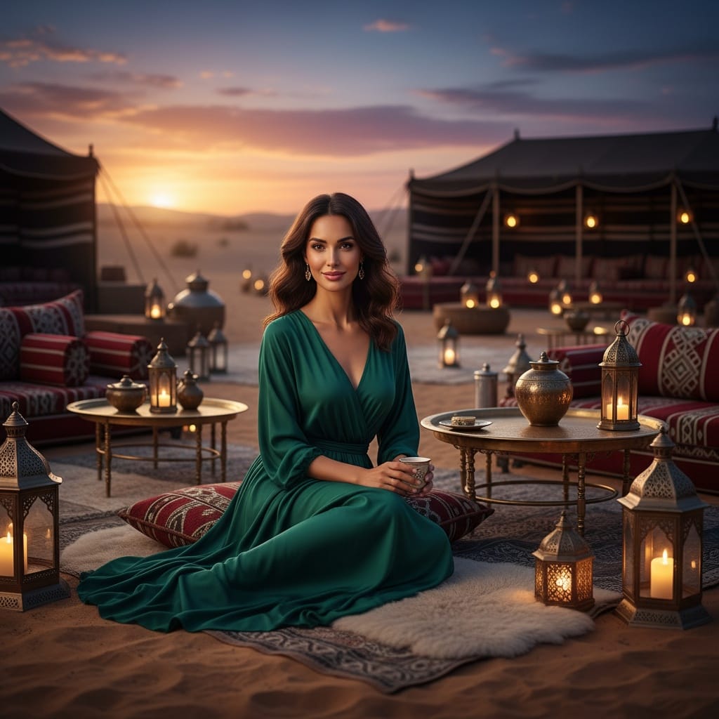 slim middle_eastern woman desert luxury camp evening 61716412
