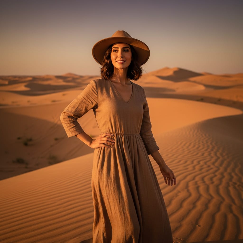 slim middle_eastern woman desert safari golden dunes 72222619