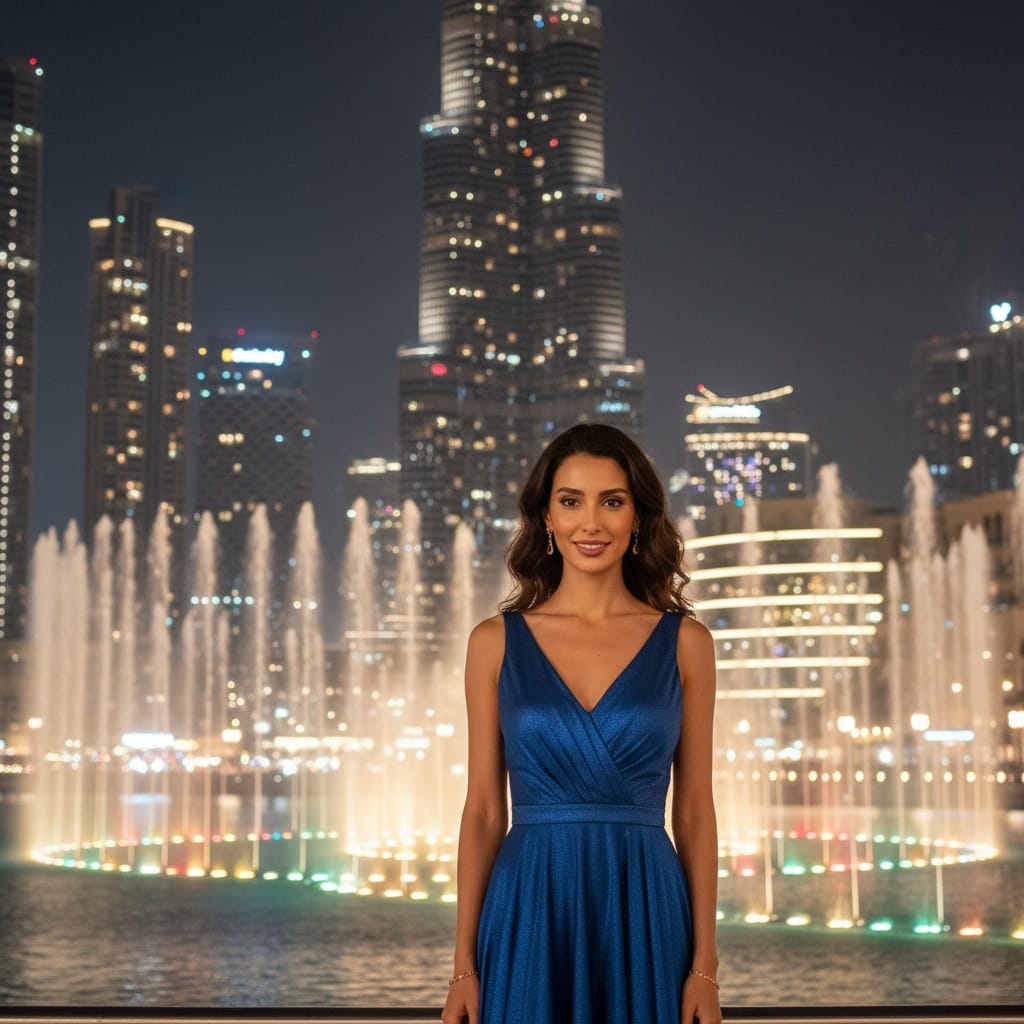 slim middle_eastern woman downtown dubai fountain show 88198382
