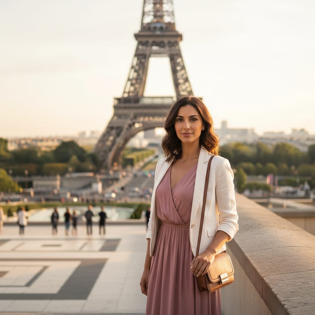 slim middle_eastern woman eiffel tower trocadero view 56281669