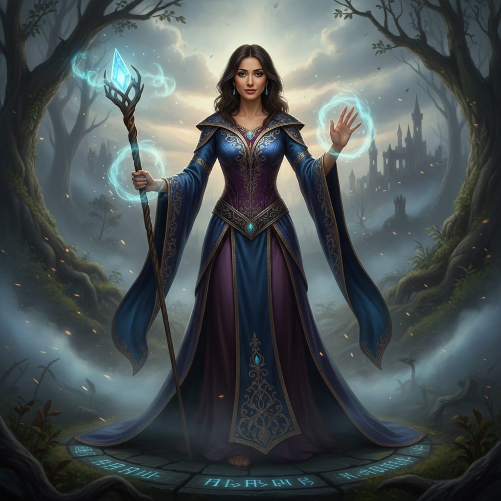 slim middle_eastern woman fantasy mage casting spell 40260179