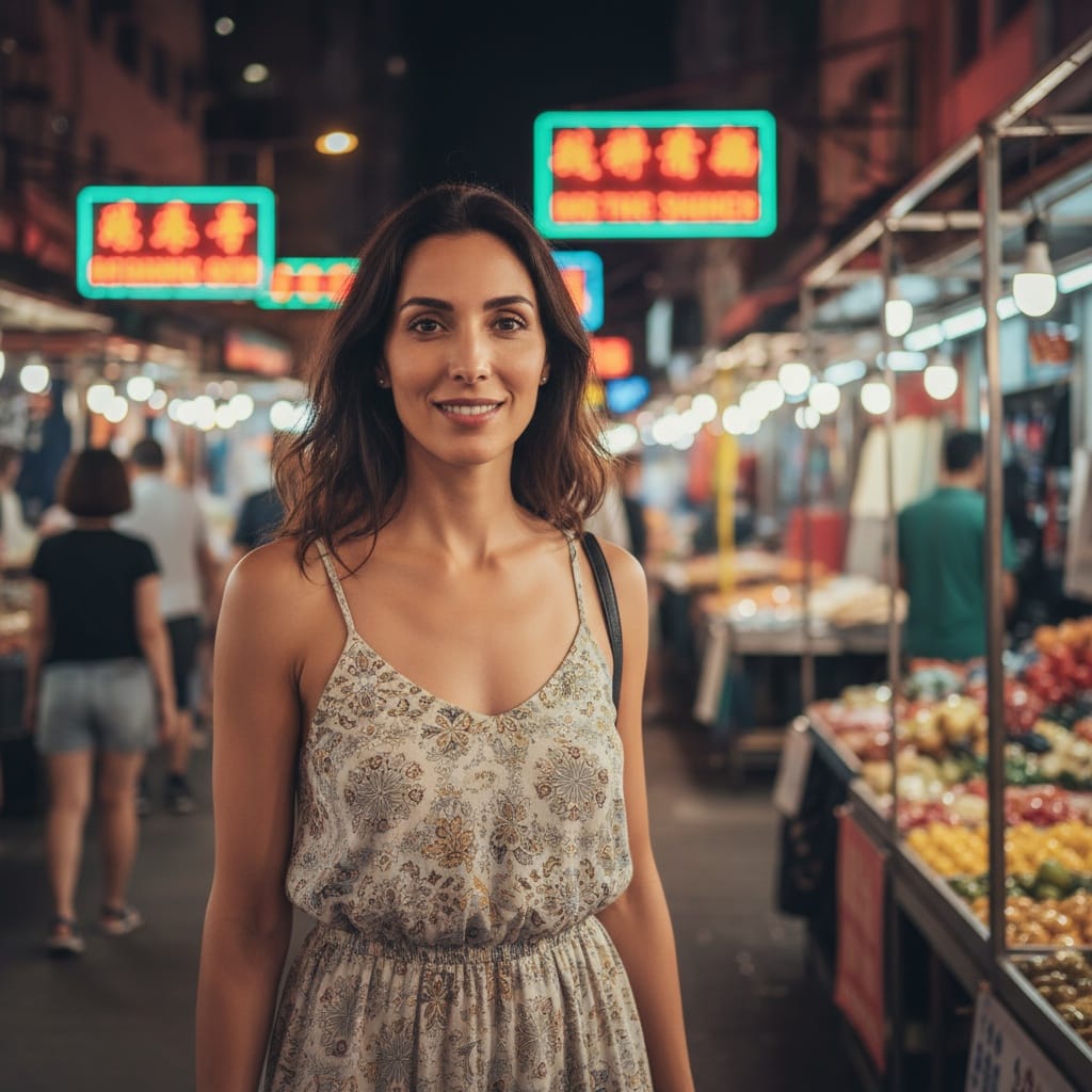 slim middle_eastern woman kowloon night markets neon 57737807