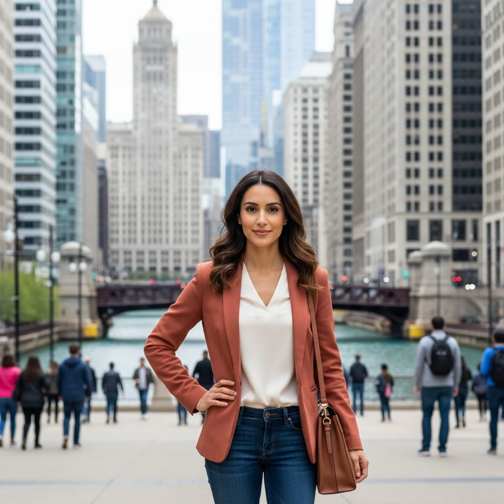 slim middle_eastern woman michigan avenue bridge view 69635923
