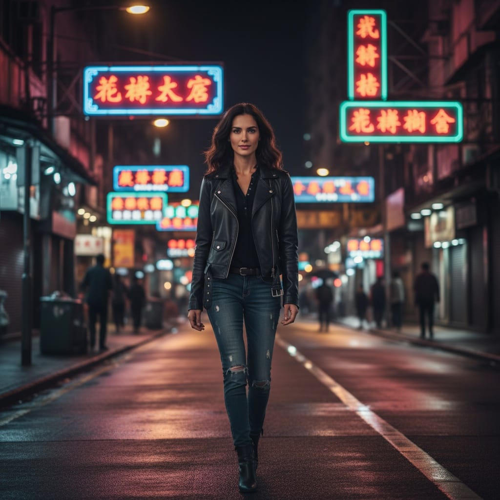 slim middle_eastern woman neon street night portrait 43836303
