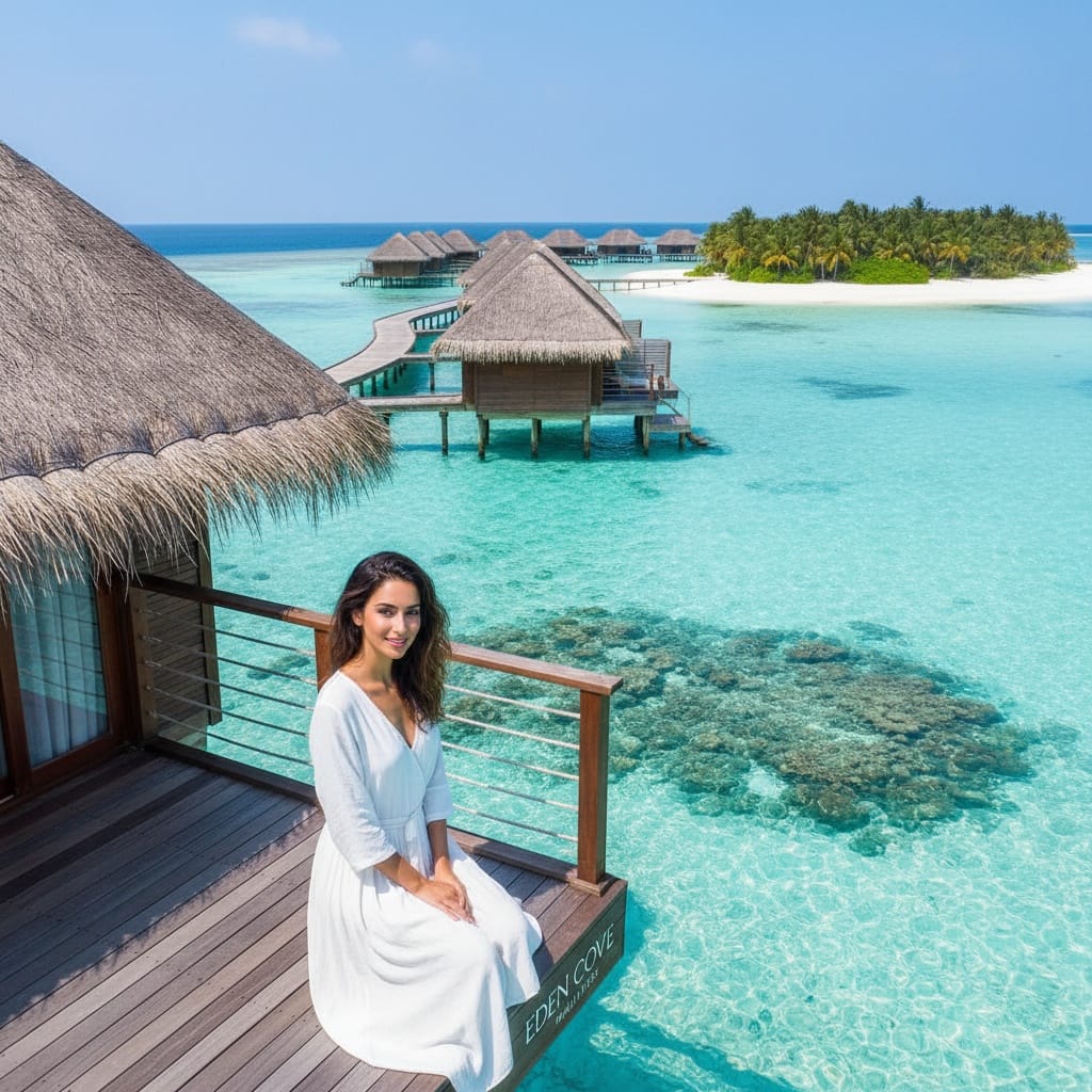 slim middle_eastern woman overwater bungalow aerial view 33556281