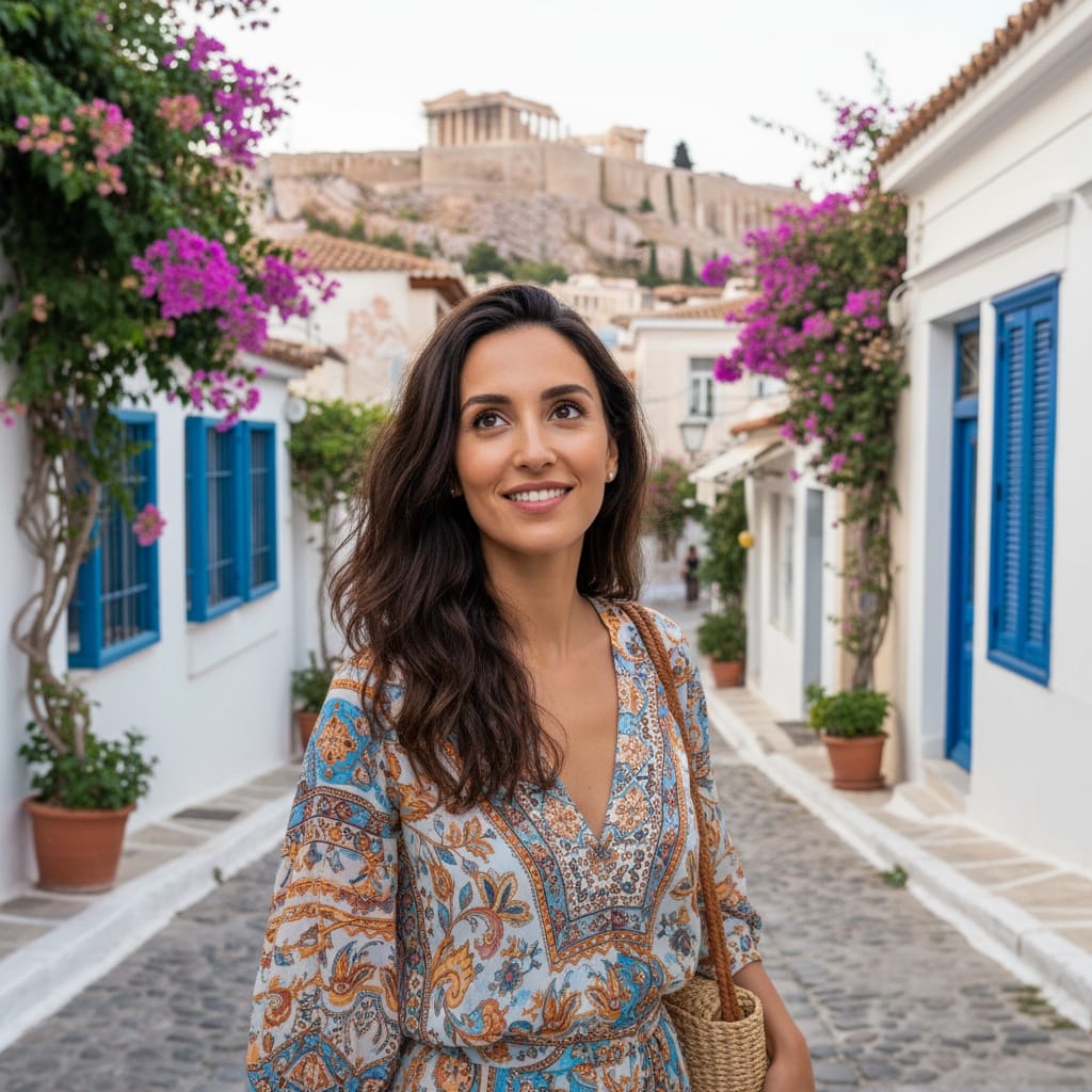 slim middle_eastern woman plaka acropolis background 42675360