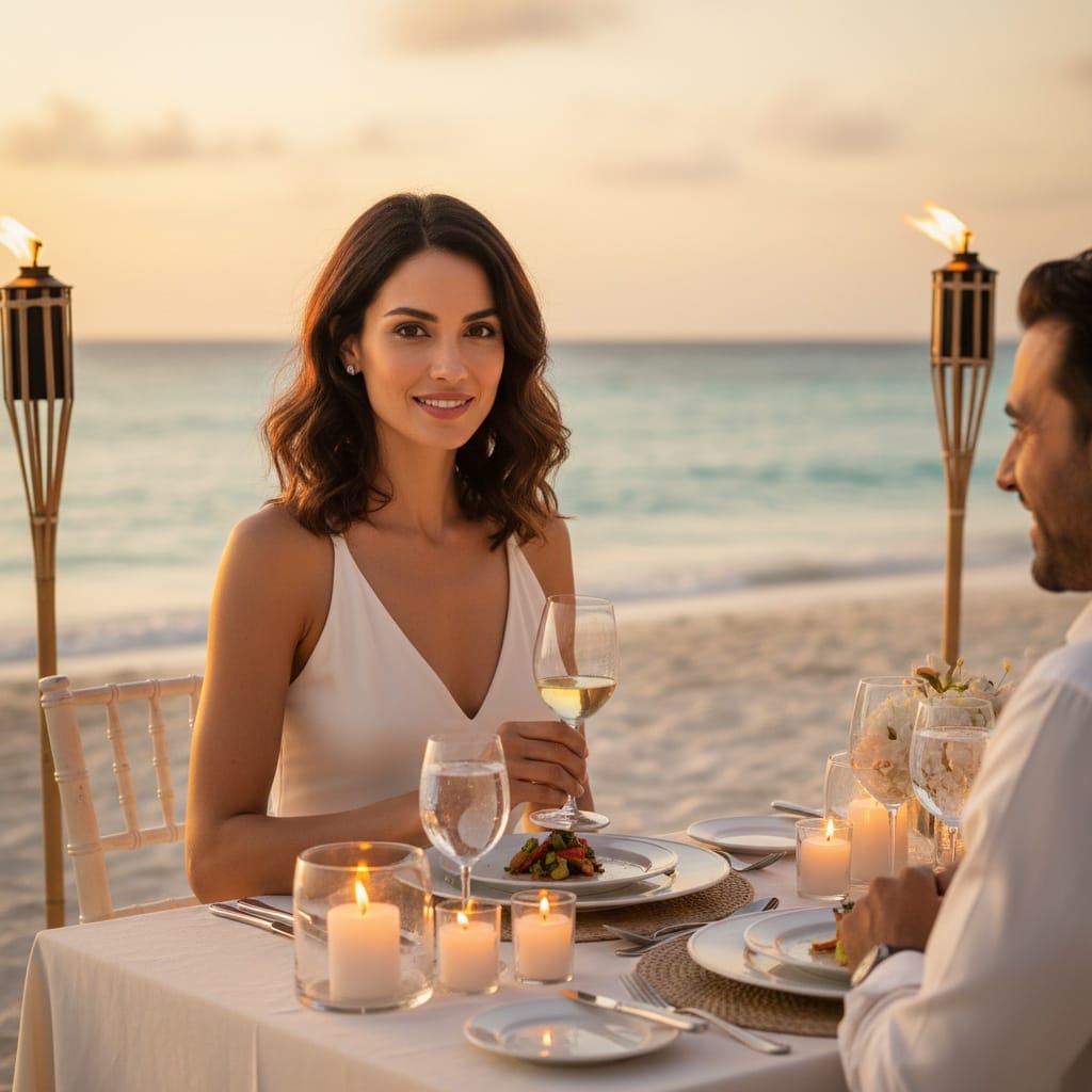 slim middle_eastern woman romantic beach dinner setup 68490625