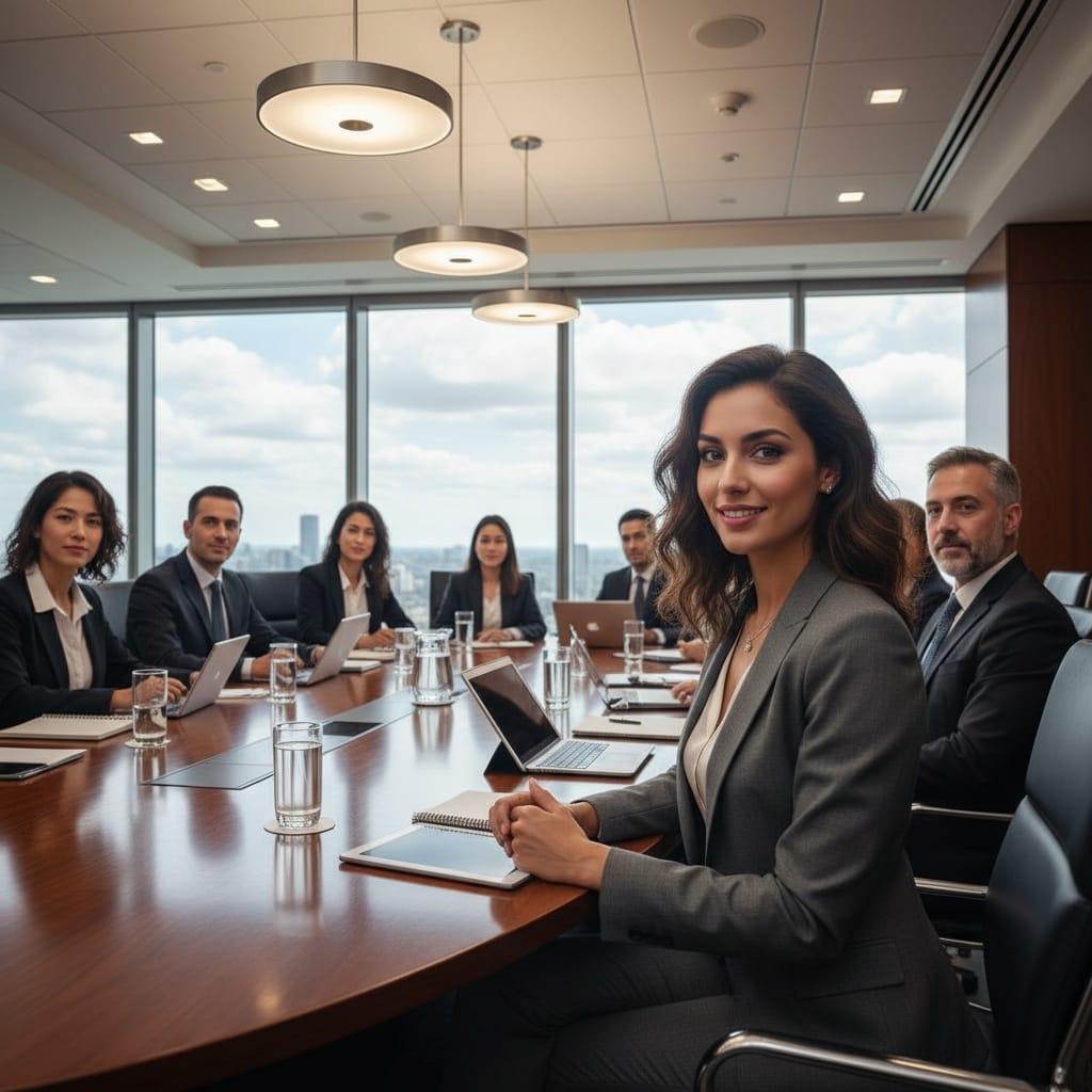 slim middle_eastern woman roundtable wide establishing shot 24285551