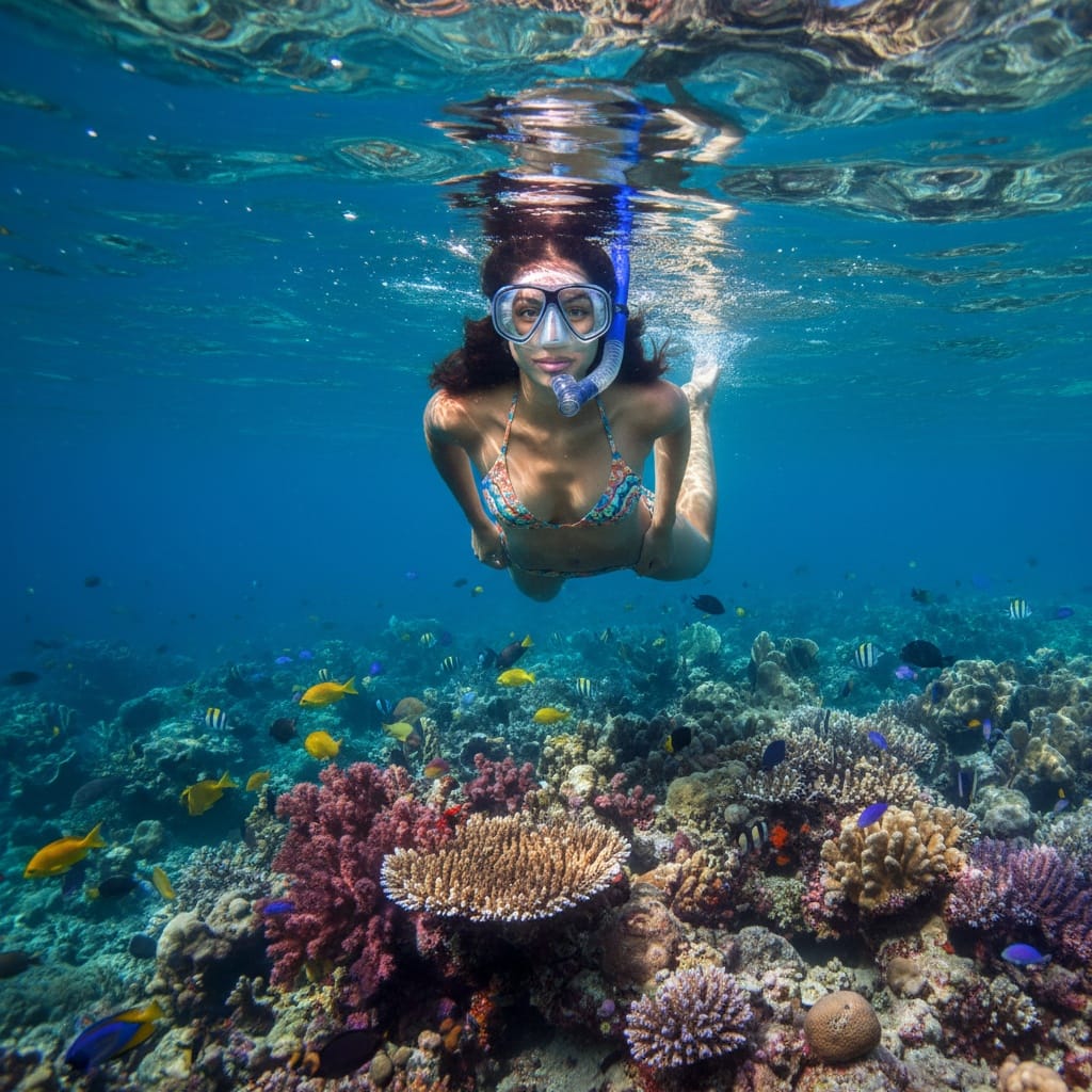 slim middle_eastern woman snorkeling adventure underwater 36943282