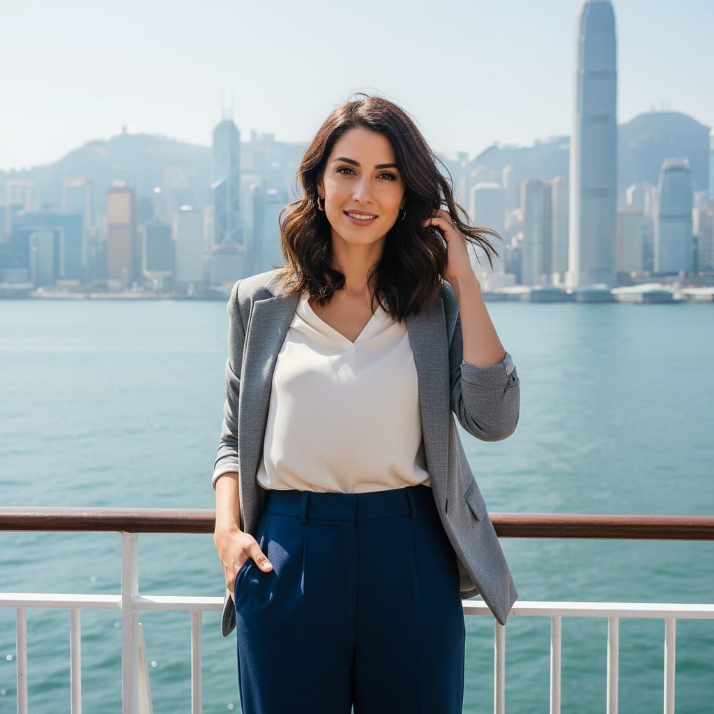 slim middle_eastern woman star ferry harbour portrait 33233167