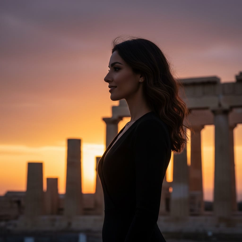 slim middle_eastern woman sunset acropolis silhouette 94391644