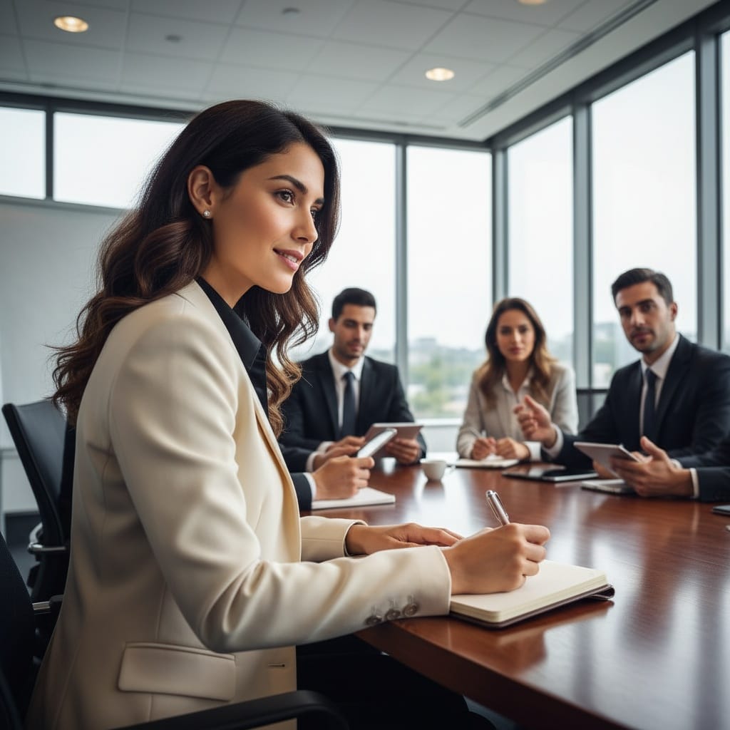 slim middle_eastern woman taking notes executive meeting 40168862