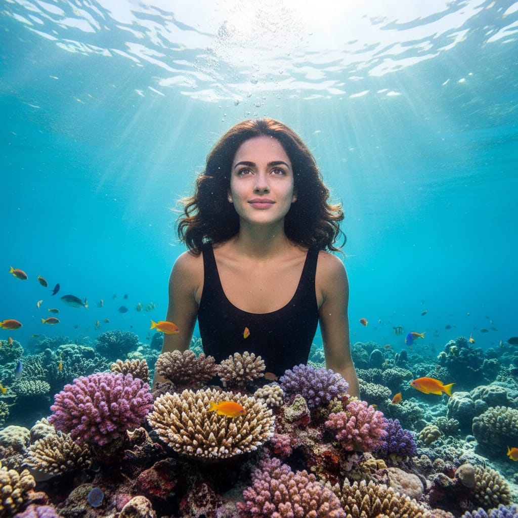 slim middle_eastern woman underwater coral snorkeling view 95893722
