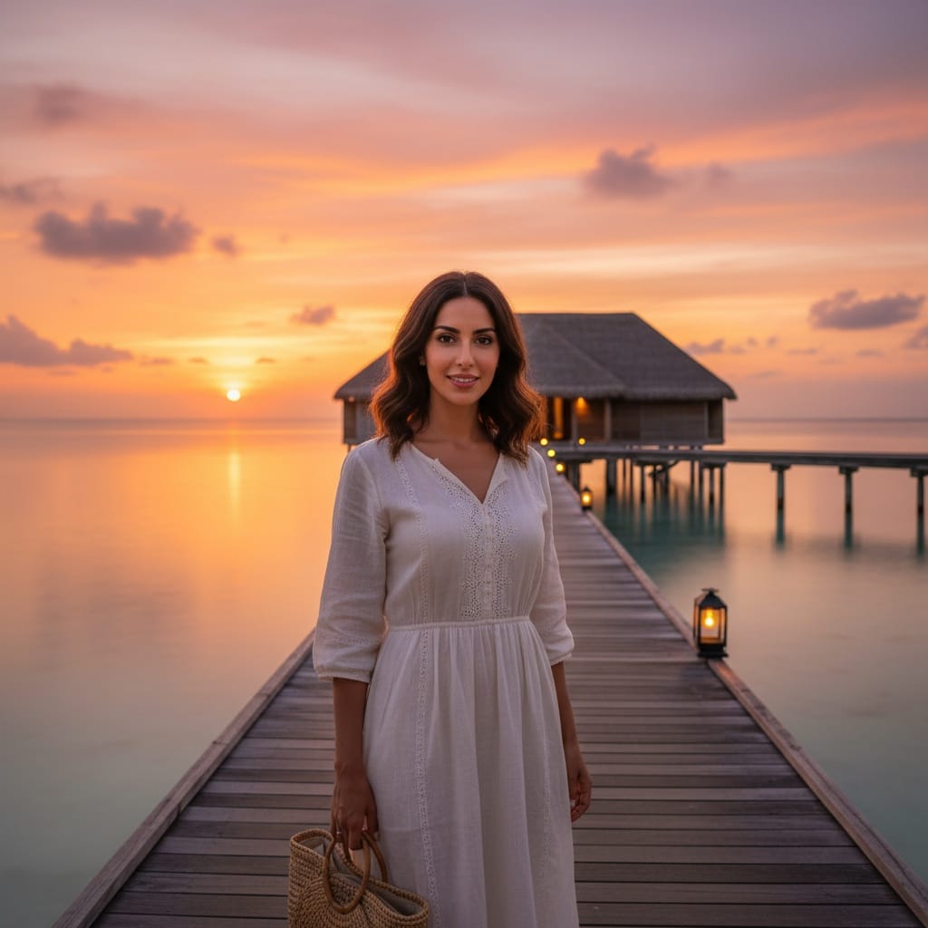 slim middle_eastern woman water villa sunset exterior 54116872